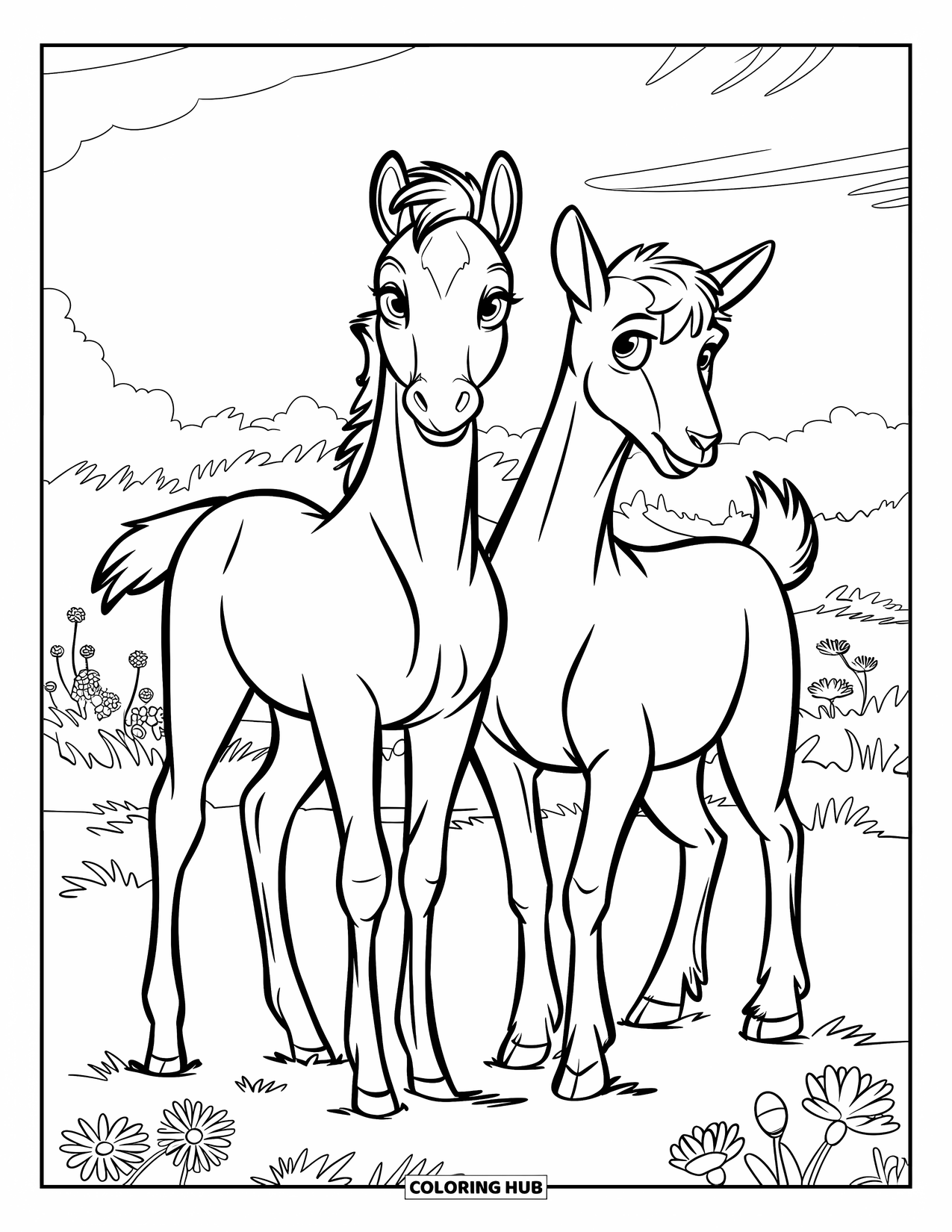 Baby Horse Coloring Page for Kids: A foal and goat relax in a flowery field under a blue sky
