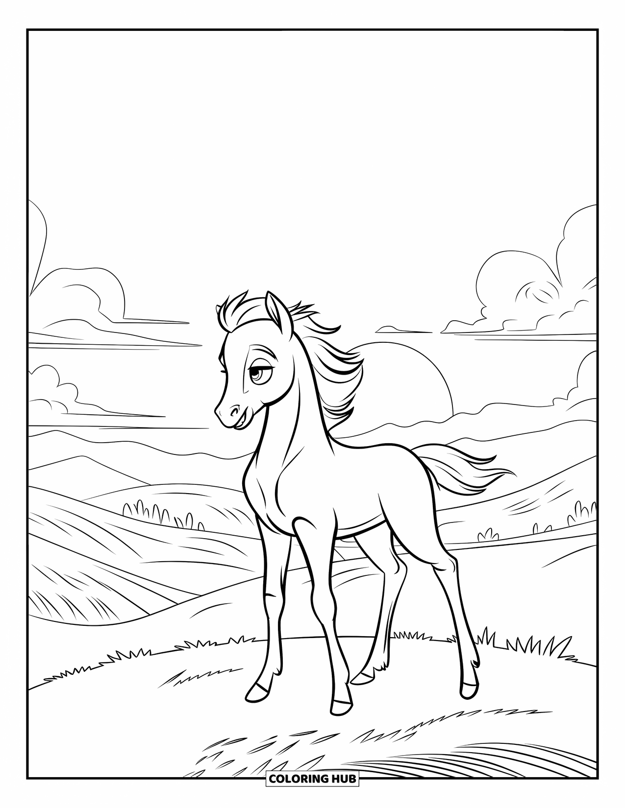 Baby Horse Coloring Page for Kids: A foal gazes into a glowing sky from a breezy hilltop