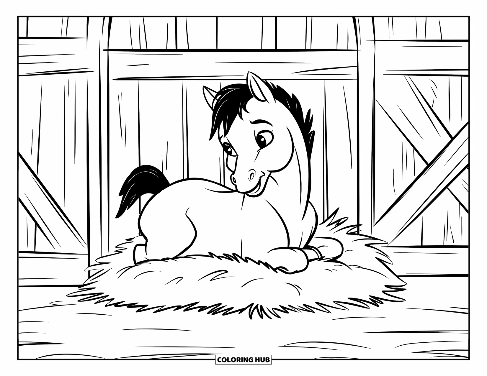 Baby Horse Coloring Page for Kids: A foal lies on hay inside a barn doorway with wooden beams around