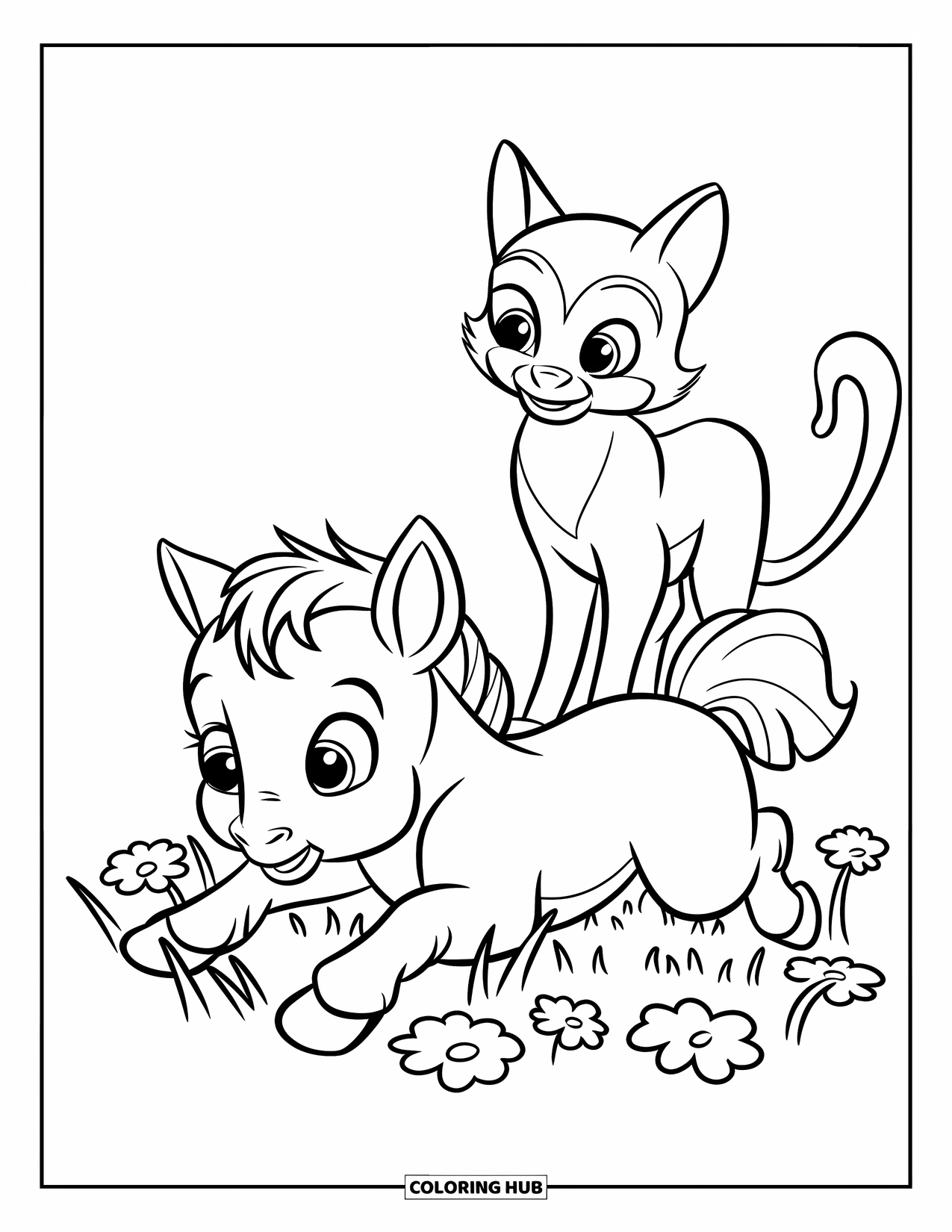 Baby Horse Coloring Page for Kids: A foal rolls in clover with a curious barn cat nearby