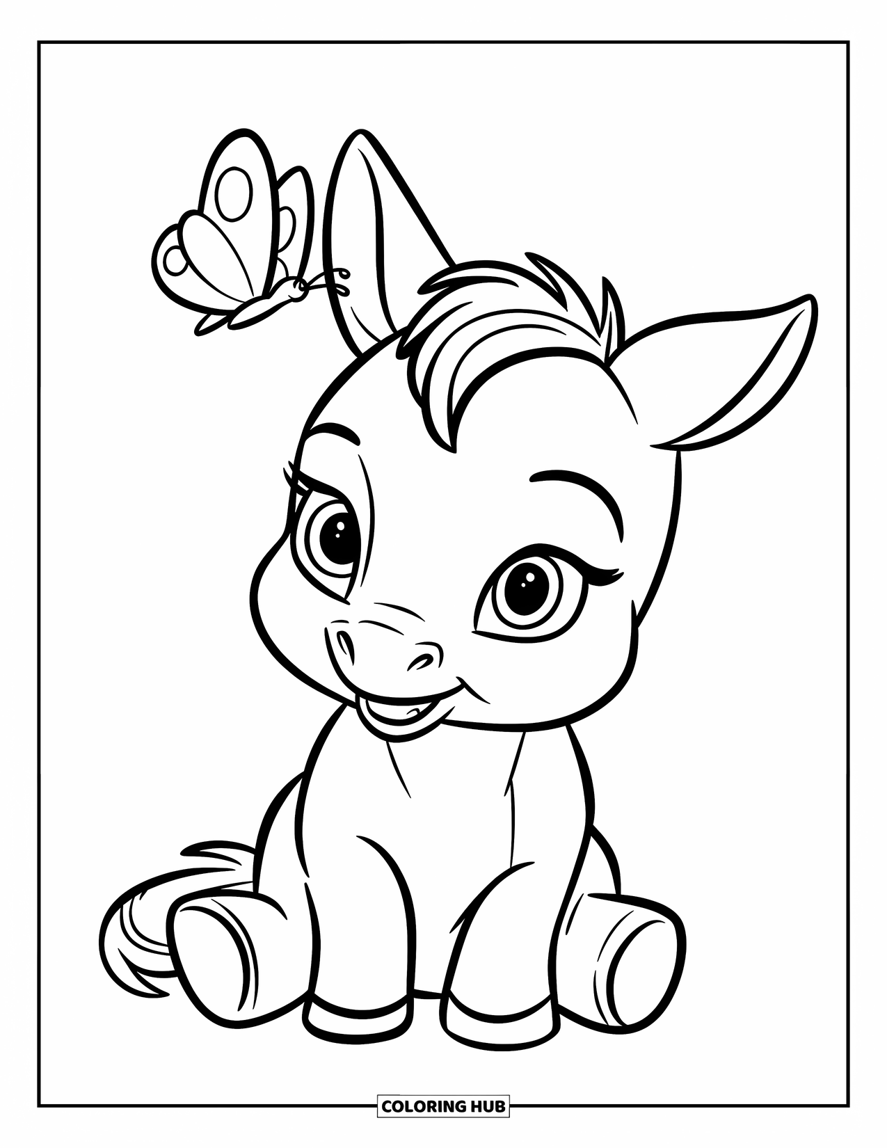 Baby Horse Coloring Page for Kids: A foal sits sweetly with a tiny butterfly above its nose