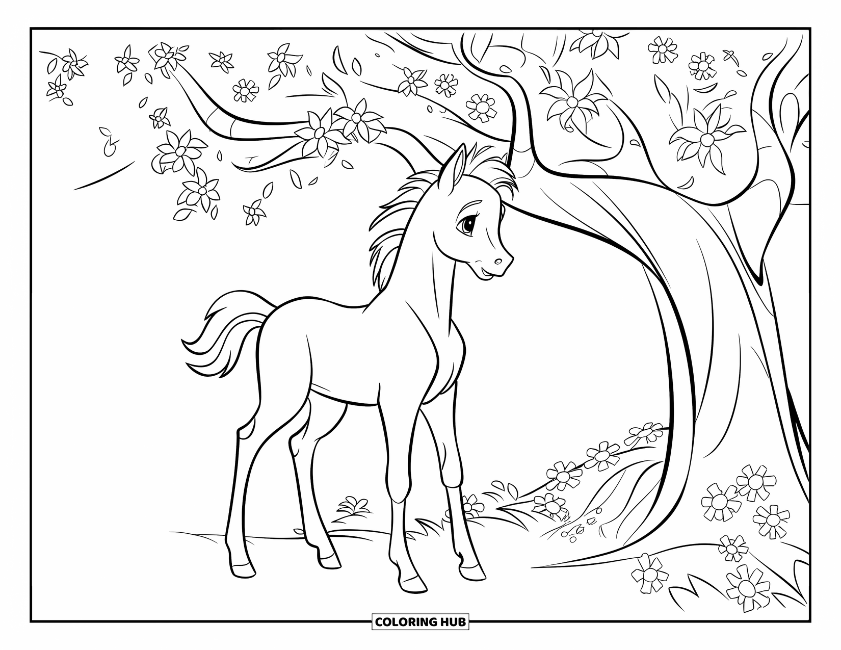 Baby Horse Coloring Page for Kids: A foal stands under a flower-filled tree in a quiet green field