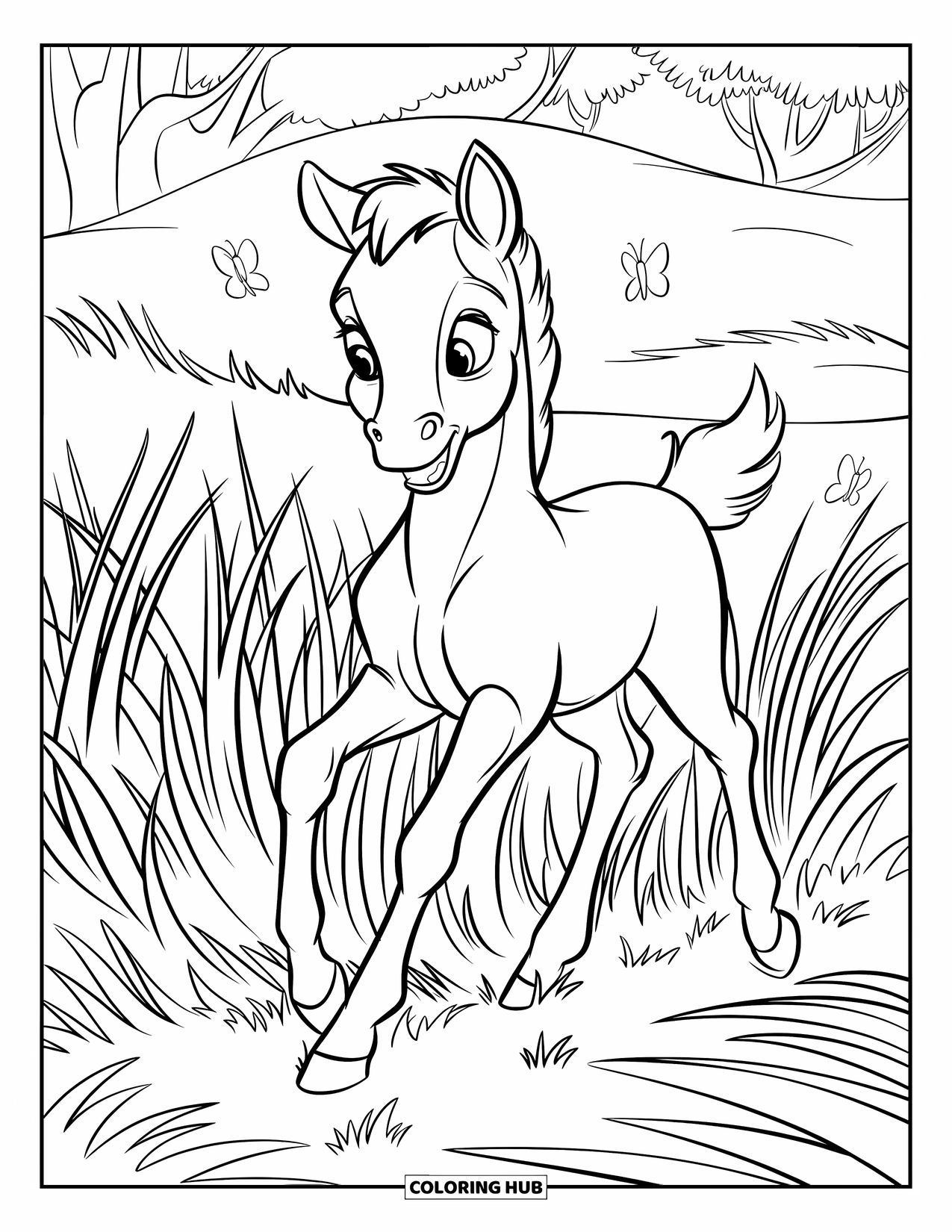 Baby Horse Coloring Page for Kids: A foal walks through tall grass with butterflies flying around its tail