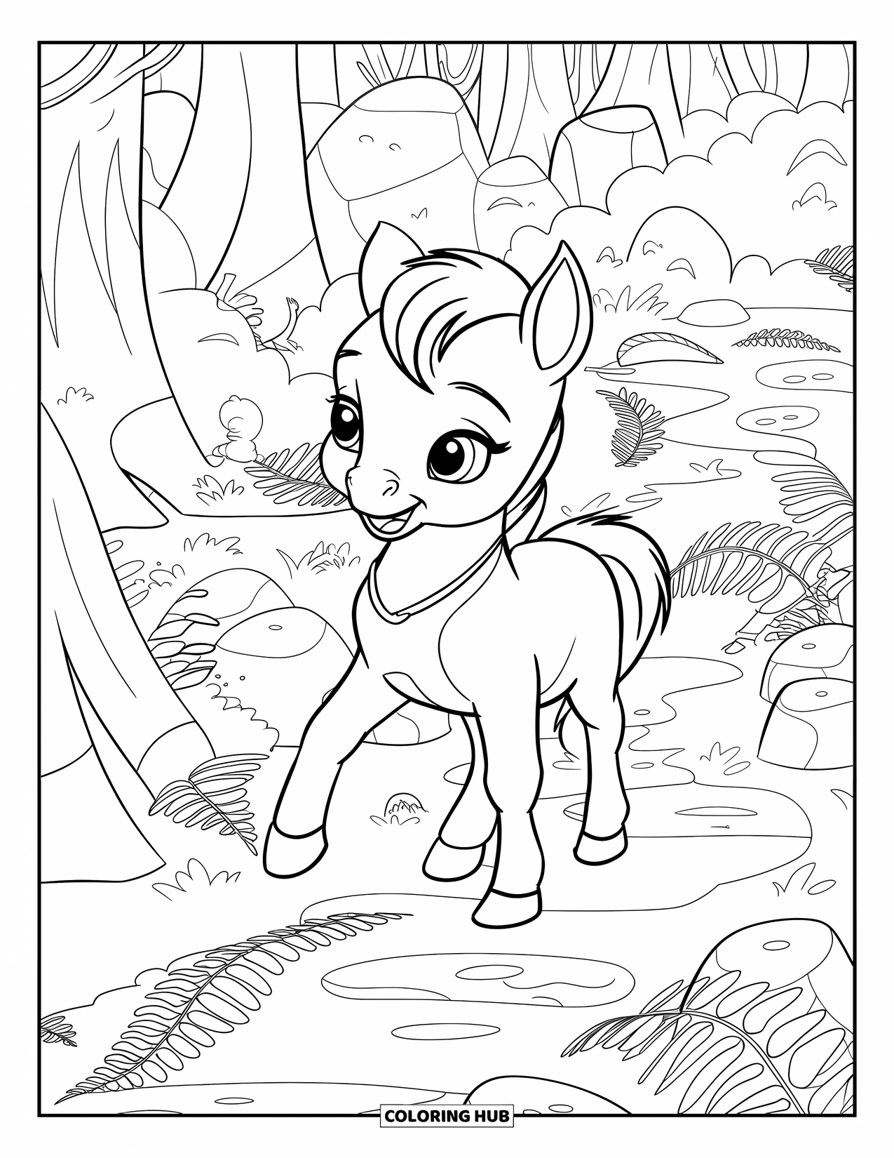 Baby Horse Coloring Page for Kids: A foal wanders a quiet forest trail with ferns, moss, and little animals