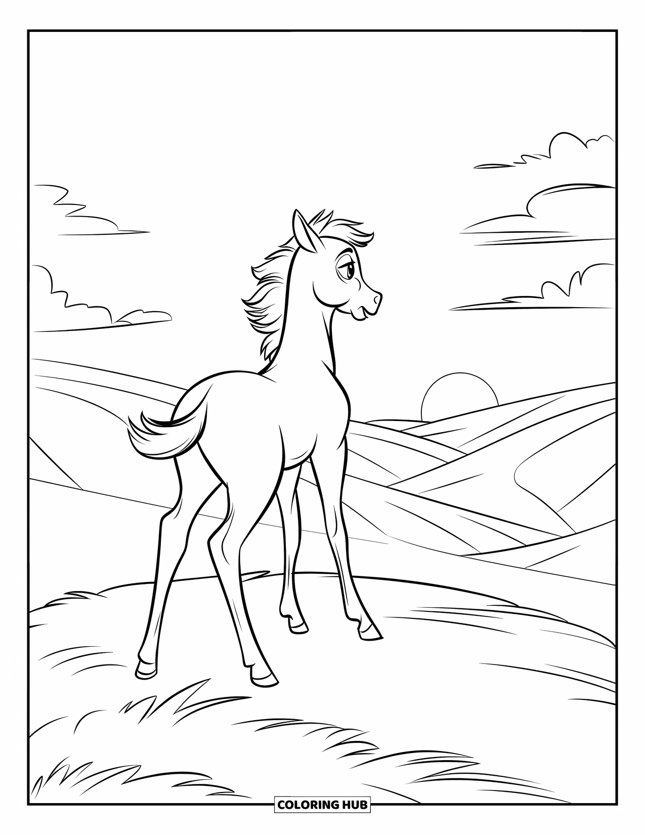 Baby Horse Coloring Page for Kids: A foal with a windblown mane stands on a hilltop watching the sunset