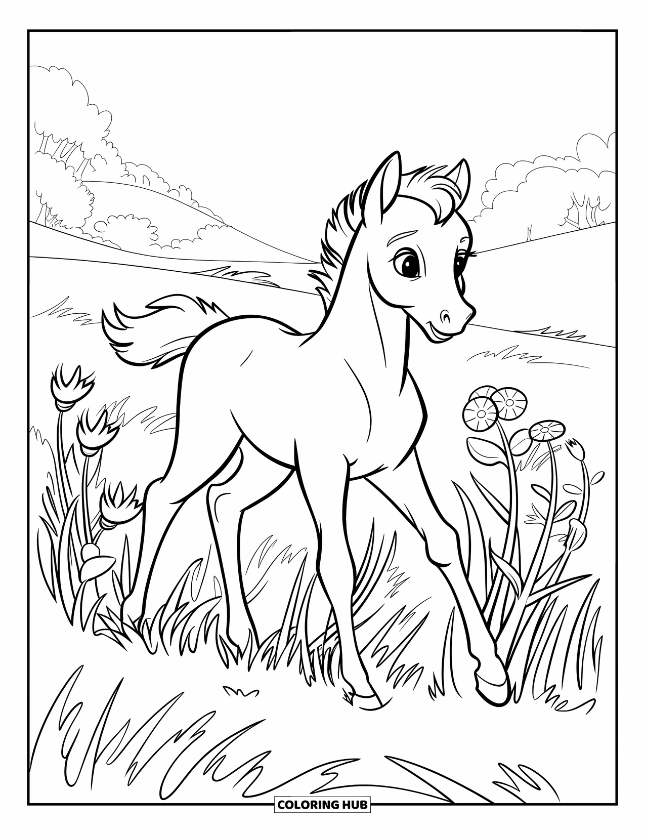 Baby Horse Coloring Page for Kids: A foal with big eyes walks through tall grass and colorful flowers