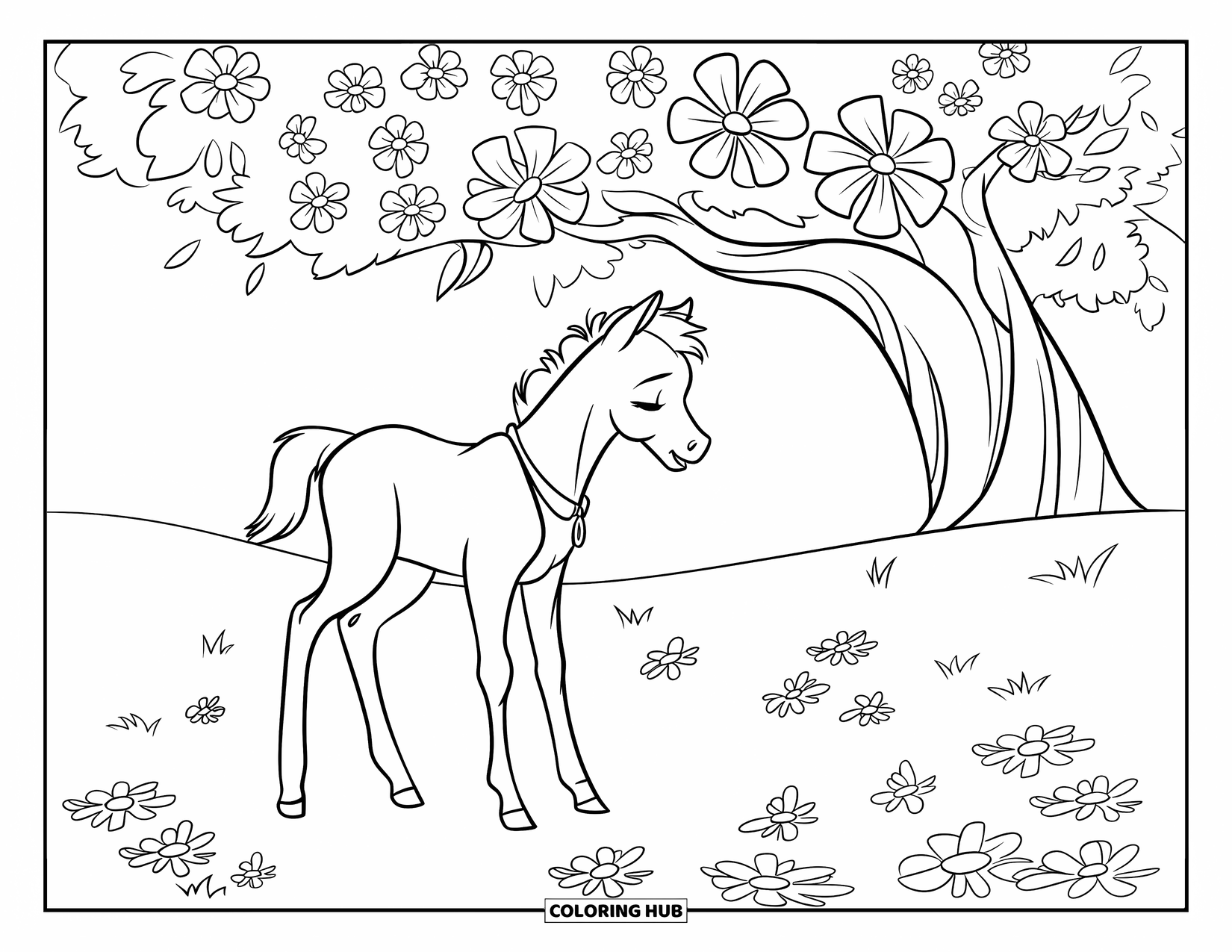 Baby Horse Coloring Page for Kids: A foal with eyes closed stands beneath a flower-filled tree in a grassy field