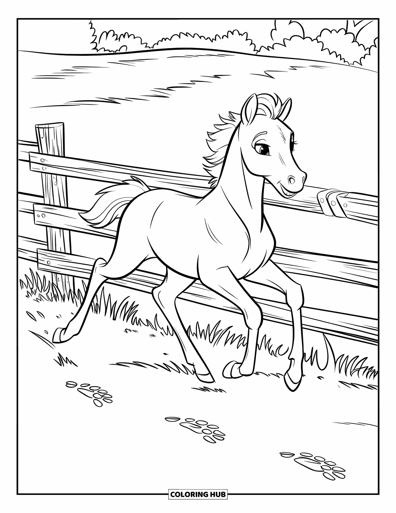 Baby Horse Coloring Page for Kids: A galloping foal runs beside a fence with hoofprints in the grassy field