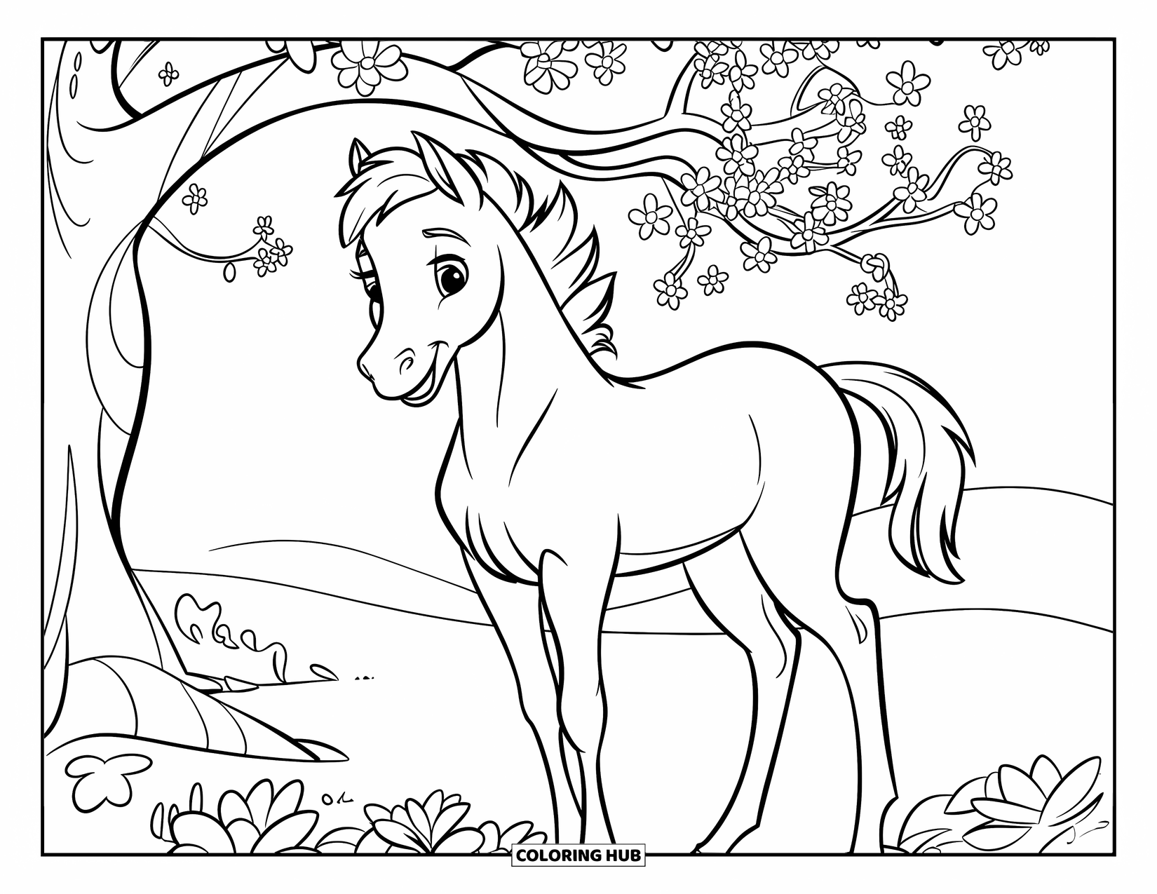 Baby Horse Coloring Page for Kids: A smiling foal stands under a flower tree in a peaceful open field