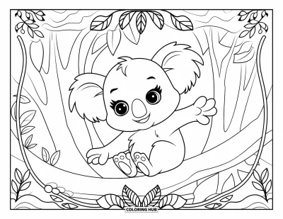 Baby-Koala-Ausmalbild für Erwachsene: Ein Baby-Koala erkundet die Welt von einem Ast aus in einem Wald mit gemusterten Blättern und Ranken