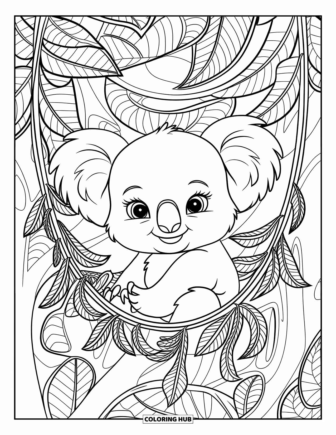 Baby Koala Coloring Page for Adults: A baby koala is nestled in a hammock among decorative forest leaves