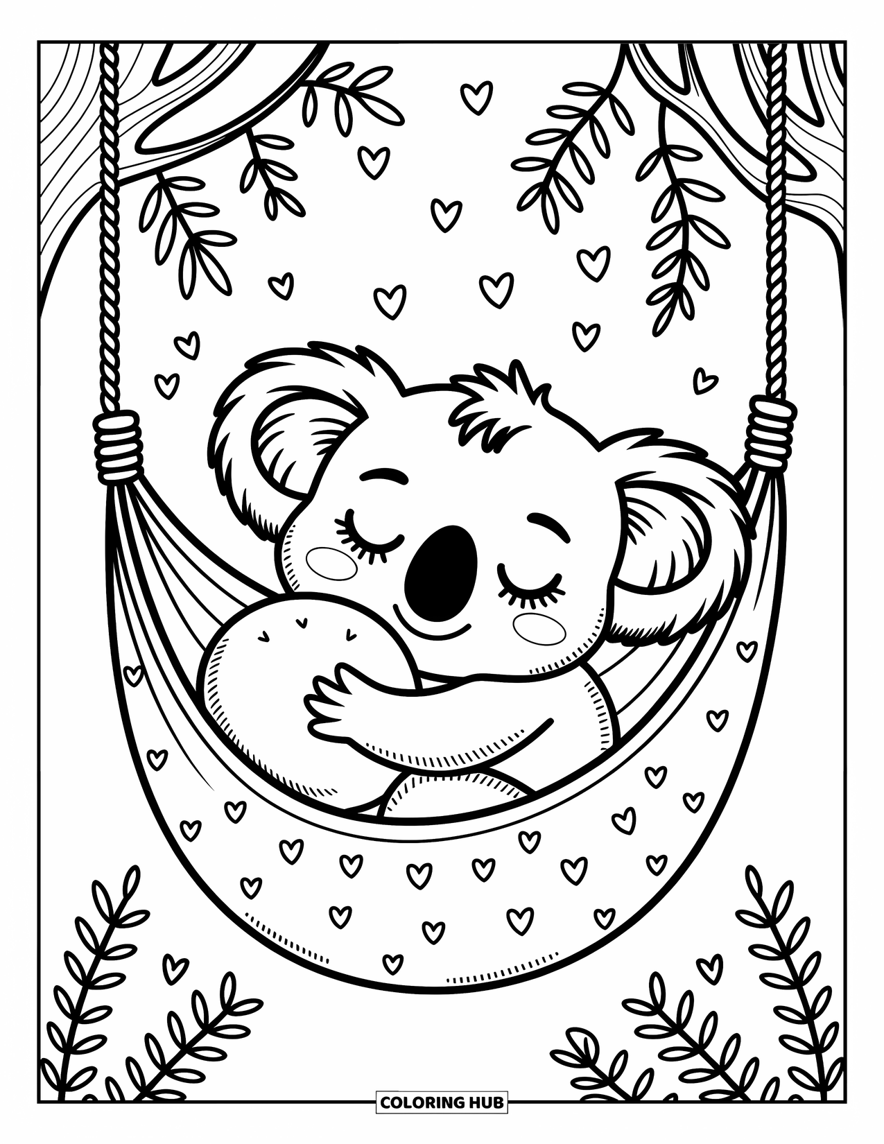Baby Koala Coloring Page for Adults: A baby koala naps in a forest hammock with hearts, stars, and dangling leaves above