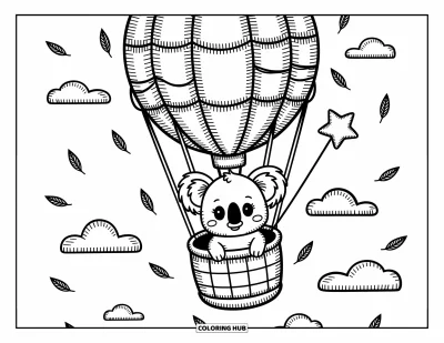 Baby-Koala-Ausmalbild für Erwachsene: Ein Baby-Koala schaut aus einem Heißluftballon hervor und hält einen Sternballon in den Wolken