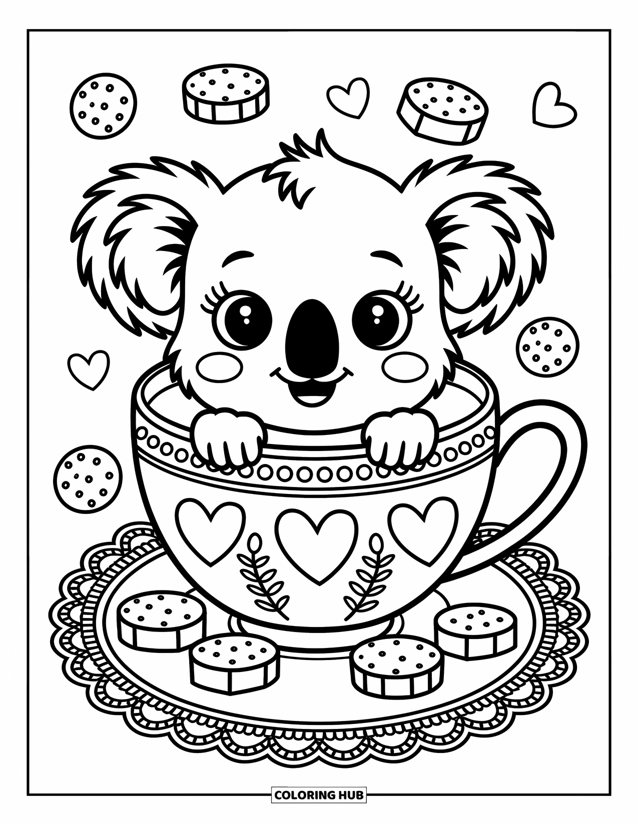Baby Koala Coloring Page for Adults: A baby koala peeks from a teacup with heart prints, surrounded by cookies and sugar cubes