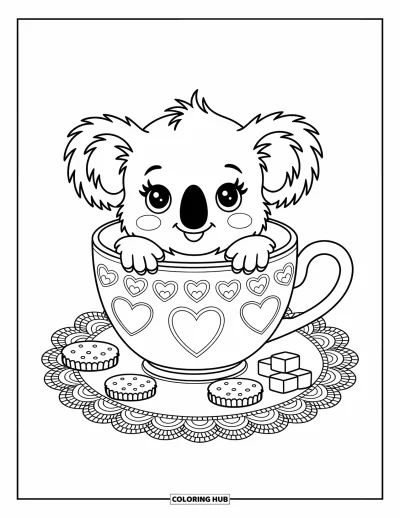 Baby-Koala-Ausmalbild für Erwachsene: Ein Baby-Koala schaut über den Rand einer Teetasse hervor, umgeben von Leckereien und hübschen Mustern