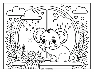 Baby-Koala-Ausmalbild für Erwachsene: Ein Baby-Koala drückt seine Pfoten ans Fenster und beobachtet den Regen, mit einer Schnecke und Kerze in der Nähe