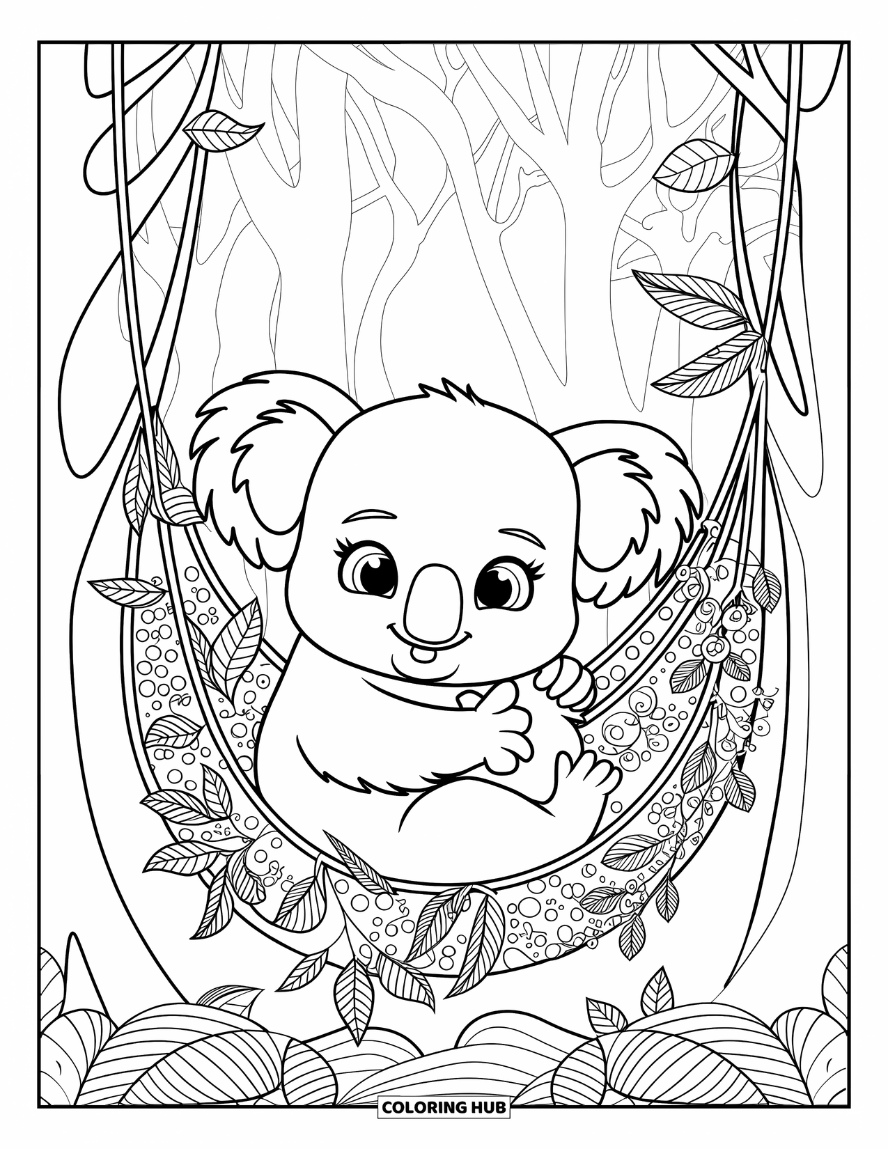 Baby Koala Coloring Page for Adults: A baby koala rests in a vine hammock surrounded by forest patterns