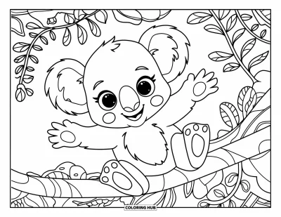 Baby-Koala-Ausmalbild für Erwachsene: Ein Baby-Koala sitzt auf einem Ast, umgeben von detaillierten botanischen Blatt- und Rankenmustern