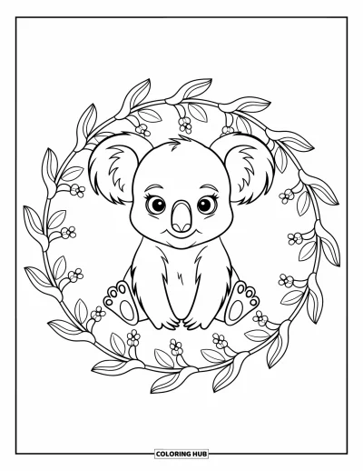 Baby-Koala-Ausmalbild für Erwachsene: Ein Baby-Koala sitzt aufrecht in einem floralen Mandala aus Gummiblättern und Blüten