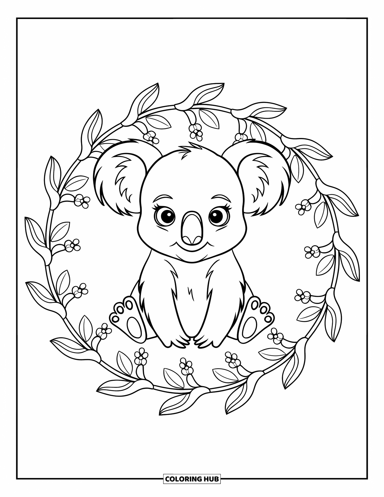 Baby Koala Coloring Page for Adults: A baby koala sits upright inside a floral mandala of gum leaves and blossoms