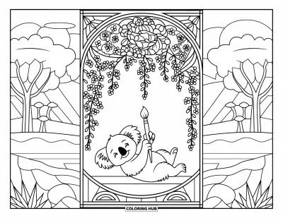 Baby-Koala-Ausmalbild für Erwachsene: Ein Baby-Koala mit einem Pinsel liegt unter floralen Bögen in einer friedlichen Szene