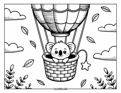 Baby-Koala-Ausmalbild für Erwachsene: Ein gemütlicher Heißluftballon trägt ein Baby-Koala durch einen traumhaften Himmel voller Wolken und Blätter