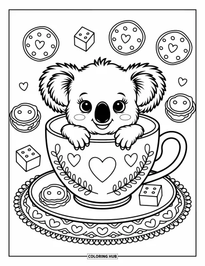 Baby-Koala-Ausmalbild für Erwachsene: Ein neugieriger Koala schaut aus einer herzverzierten Teetasse mit Eukalyptus hervor, mit Süßigkeiten in der Nähe