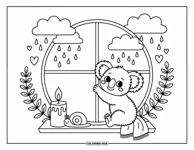 Baby-Koala-Ausmalbild für Erwachsene: Ein neugieriger Koala beobachtet den Regen durch ein rundes Fenster, umgeben von gemütlichen kleinen Dingen