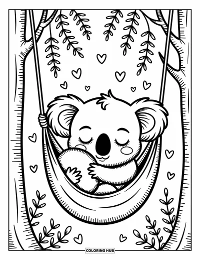 Baby-Koala-Ausmalbild für Erwachsene: Ein Koala rollt sich in einer Hängematte zusammen, mit Herzen, Sternen und gemütlichem Blätterwerk oben