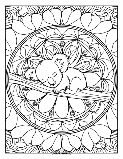 Baby-Koala-Ausmalbild für Erwachsene: Ein Koala döst im Mittelpunkt eines ganzseitigen Eukalyptus-Mandalas
