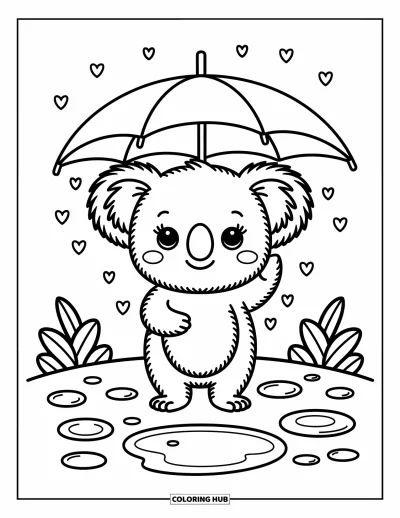 Baby-Koala-Ausmalbild für Erwachsene: Ein Koala hält einen großen Eukalyptusblatt-Regenschirm, während herzförmige Regentropfen um ihn fallen
