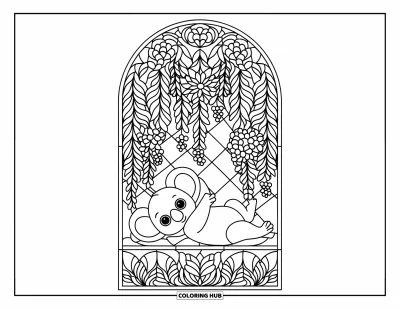 Baby-Koala-Ausmalbild für Erwachsene: Ein Koala liegt unter herabfallenden Blumenbögen in einem buntglasinspirierten Design