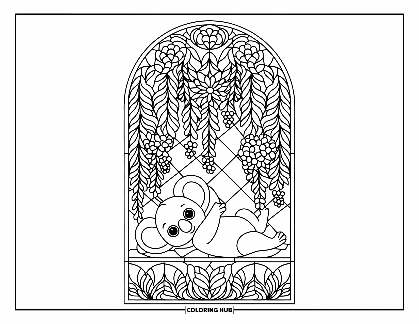 Baby Koala Coloring Page for Adults: A koala lies under cascading floral arches in a stained glass-inspired design