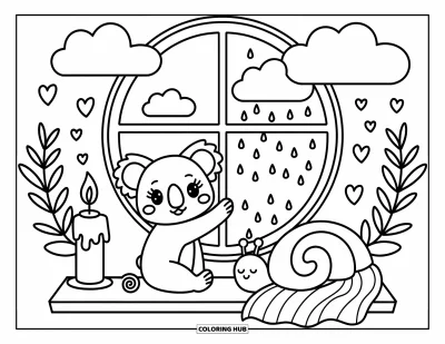 Baby-Koala-Ausmalbild für Erwachsene: Ein Koala schaut durch ein großes Fenster in den Regen, neben einer Kerze, einer Decke und einer Schnecke