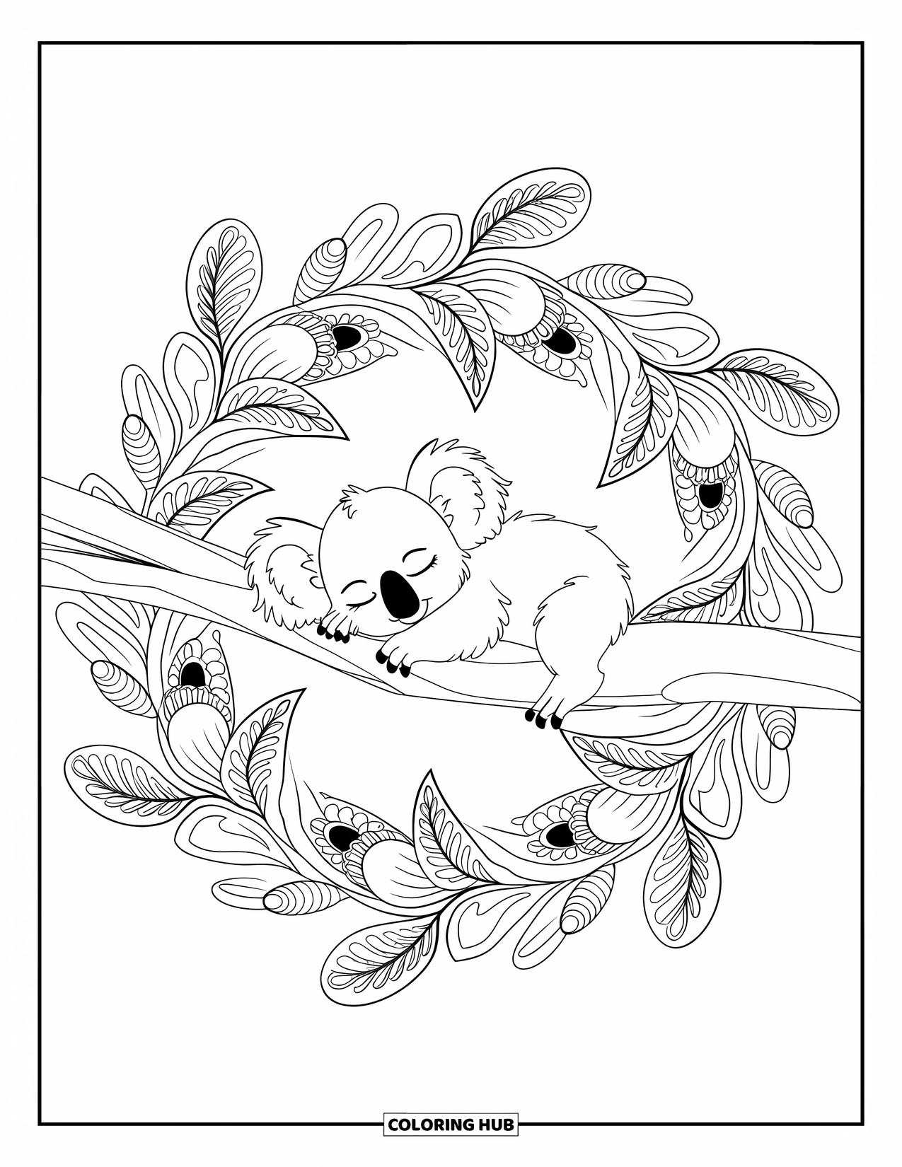 Baby Koala Coloring Page for Adults: A koala naps on a branch surrounded by a detailed eucalyptus mandala