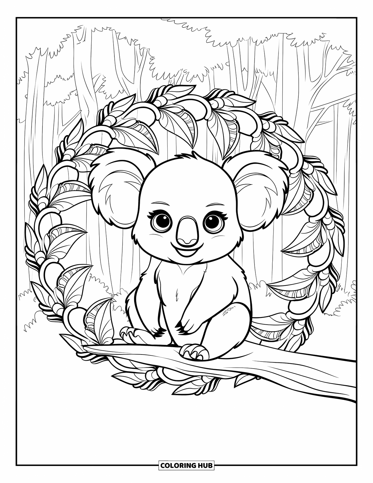 Baby Koala Coloring Page for Adults: A koala on a branch is framed by a mandala of gum leaves and blossoms
