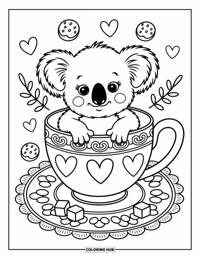 Baby-Koala-Ausmalbild für Erwachsene: Ein Koala schaut aus einer Teetasse heraus, mit kleinen Süßigkeiten und einer Spitzendecke ringsum