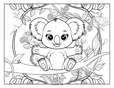 Baby-Koala-Ausmalbild für Erwachsene: Ein Koala streckt die Pfoten von einem Ast aus, eingerahmt von kunstvollen Blättern und Blüten