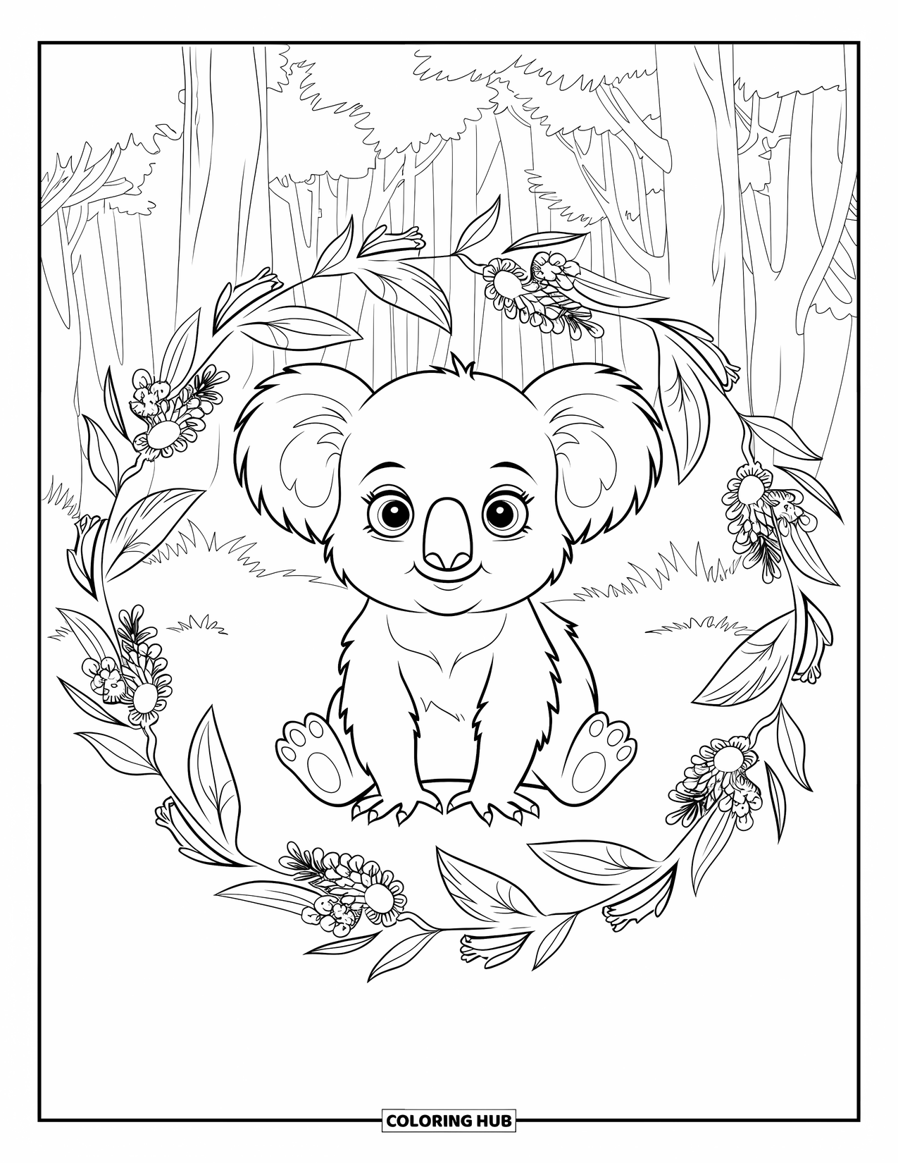 Baby Koala Coloring Page for Adults: A koala rests within a floral mandala against a tall forest backdrop