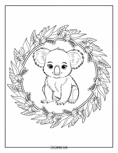 Baby-Koala-Ausmalbild für Erwachsene: Ein Koala sitzt in einem Gummiblatt-Mandala mit floralen Mustern ringsum