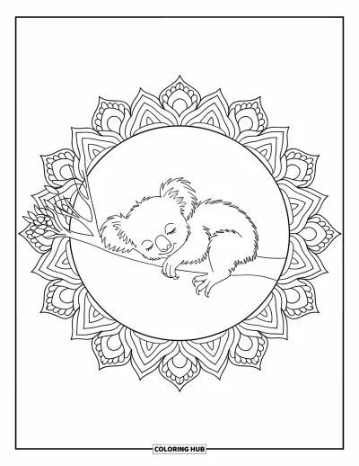 Baby-Koala-Ausmalbild für Erwachsene: Ein Koala schläft auf einem Ast innerhalb eines Eukalyptus-Mandala-Kreises