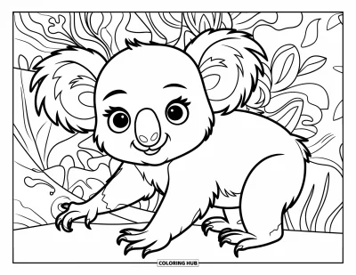 Baby-Koala-Ausmalbild für Erwachsene: Ein Koala mit ausgestreckten Pfoten sitzt inmitten wirbelnder botanischer Blätter und Ranken