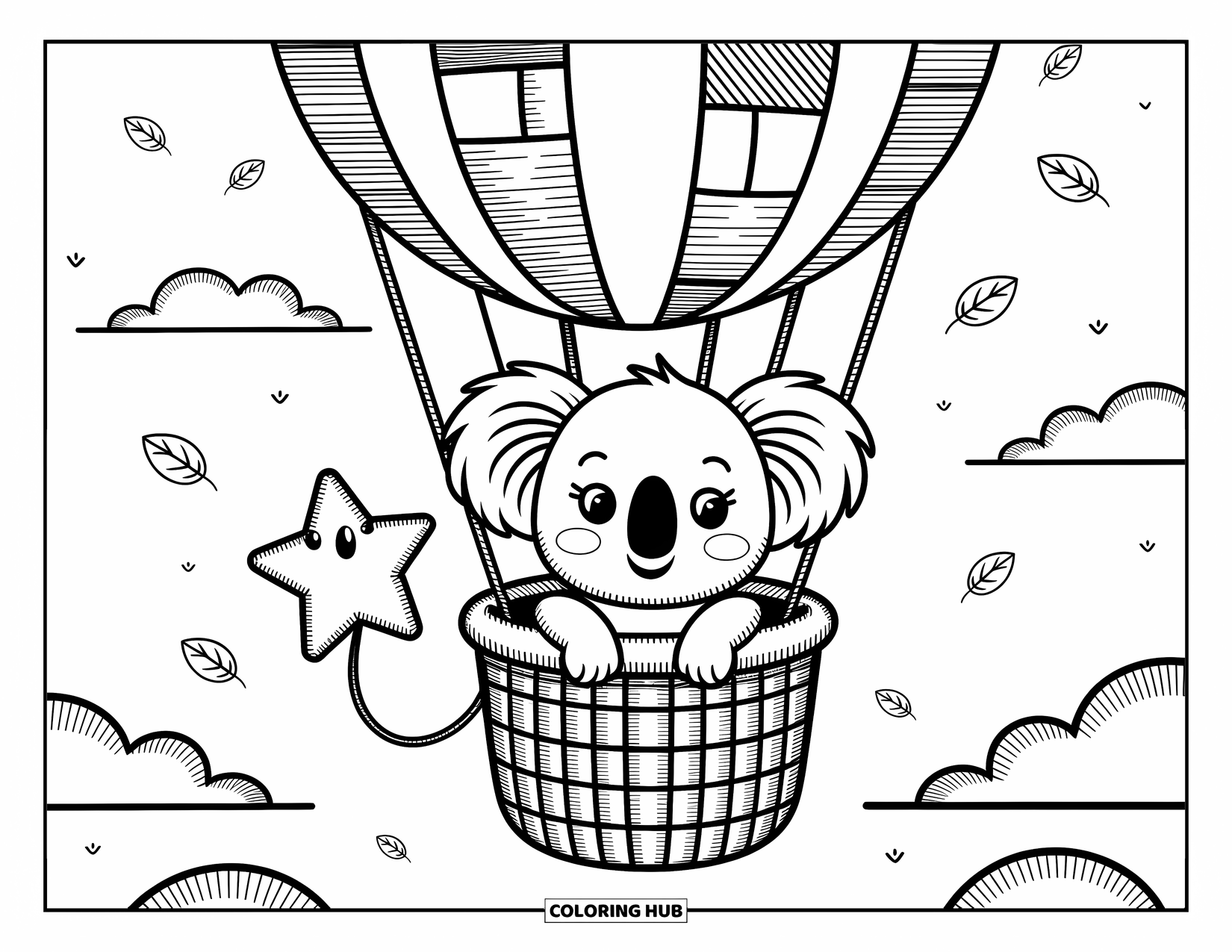 Baby Koala Coloring Page for Adults: A tiny koala rides a balloon, gripping a star string as leaves float all around
