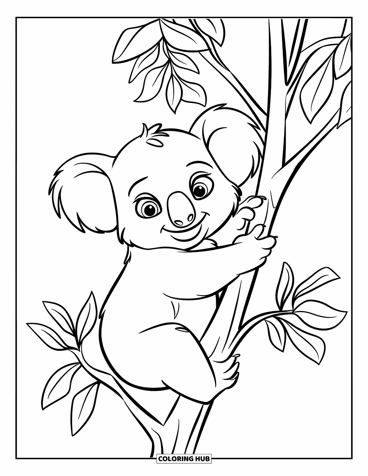 Baby Koala Coloring Page for Kids: A baby koala climbs a eucalyptus tree with leafy branches all around