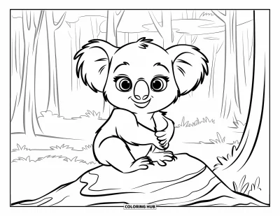 Baby-Koala-Ausmalbild für Kinder: Ein Baby-Koala klammert sich an einen Felsen mit hohen Bäumen im nebligen Hintergrund