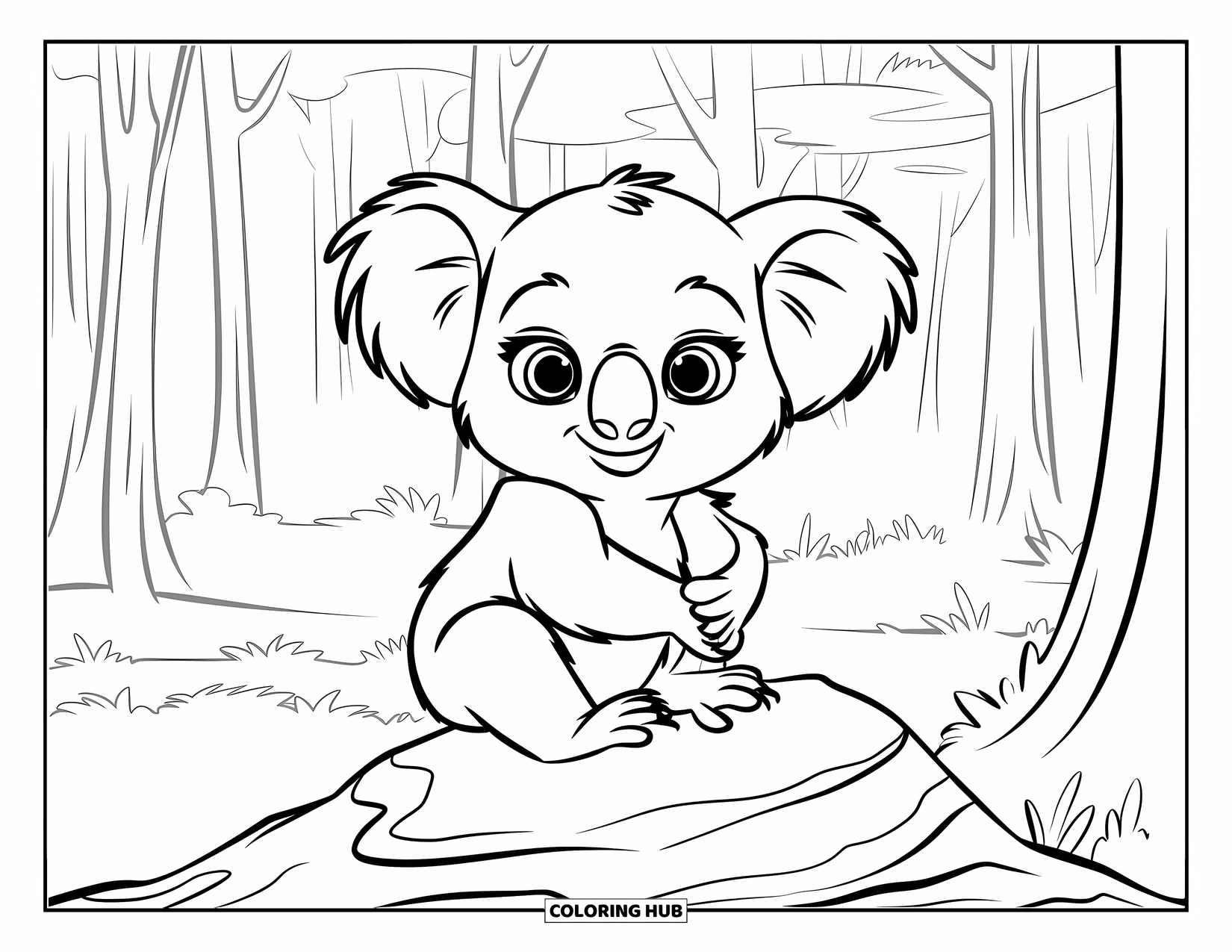 Baby Koala Coloring Page for Kids: A baby koala clings to a rock with tall trees in the misty background