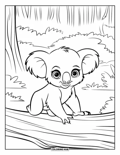 Baby-Koala-Ausmalbild für Kinder: Ein Baby-Koala überquert einen nebelbedeckten Baumstamm mit hohen Bäumen ringsum