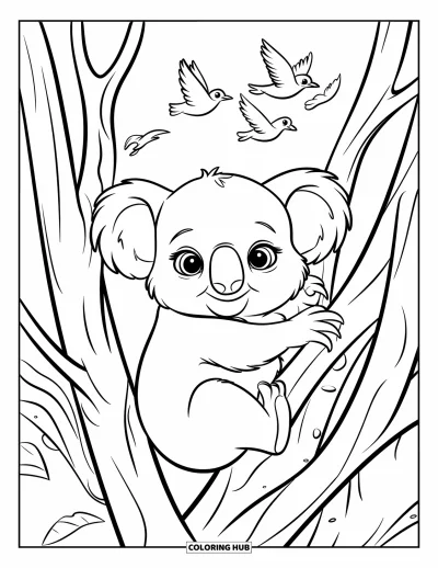 Baby-Koala-Ausmalbild für Kinder: Ein Baby-Koala kauert zwischen dicken Ästen, während Vögel oben fliegen