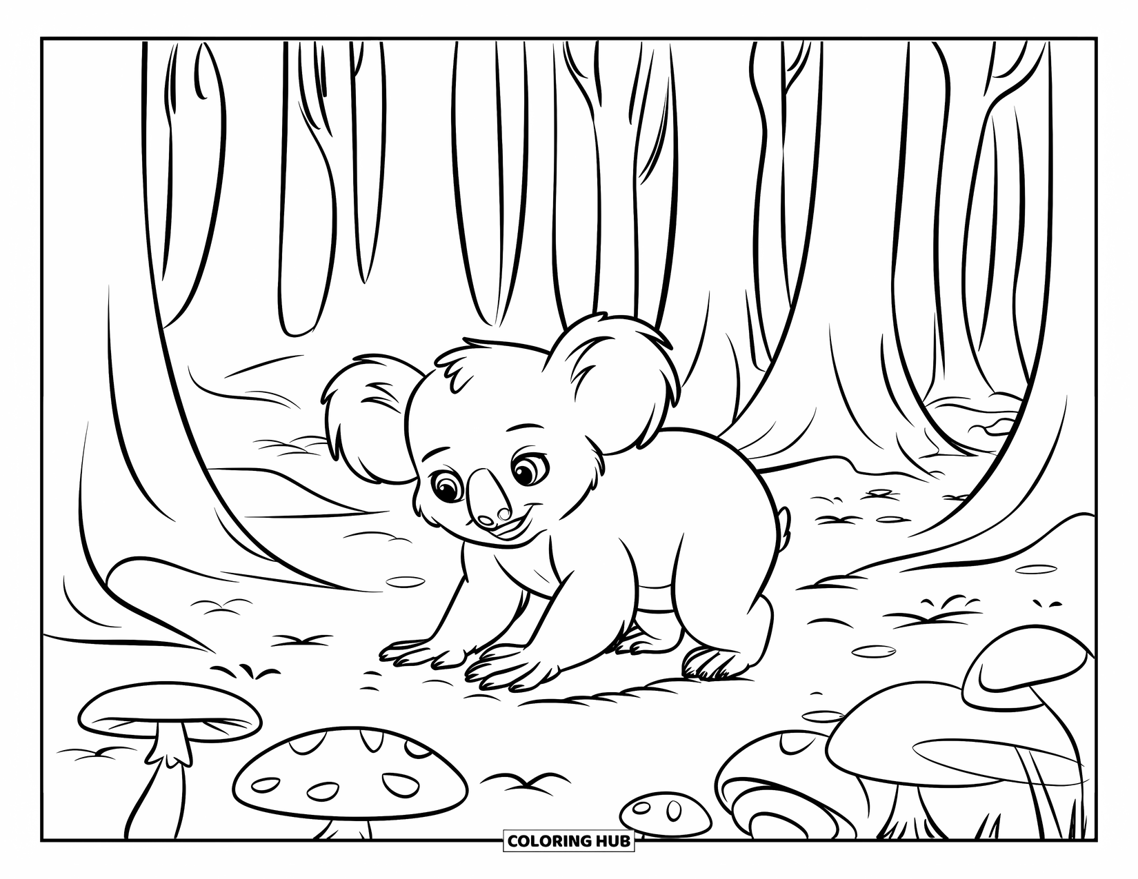 Baby Koala Coloring Page for Kids: A baby koala explores mushrooms and rocks on the forest floor