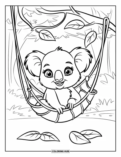 Baby-Koala-Ausmalbild für Kinder: Ein Baby-Koala hängt in einer Rankenhängematte über belaubtem Waldboden